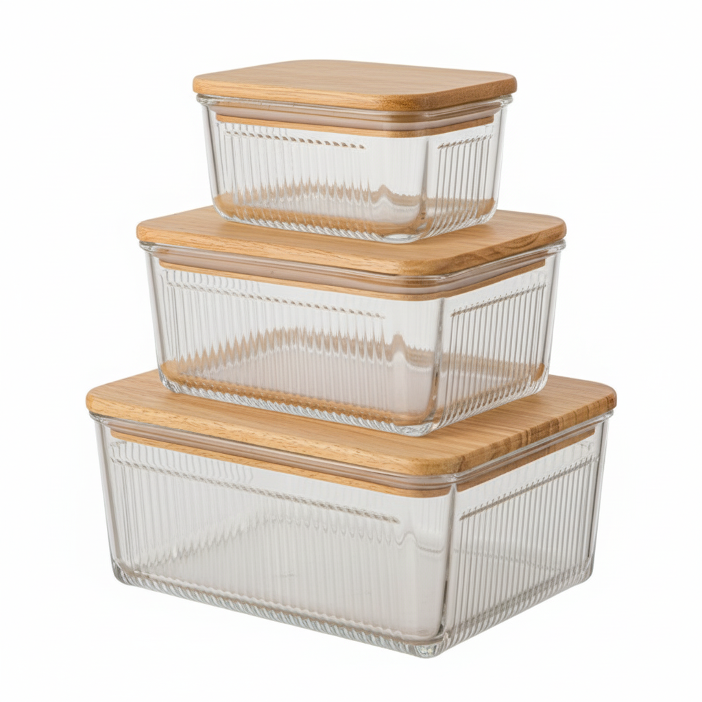 Robust 3-Piece Glass Container Set with Wooden Lid