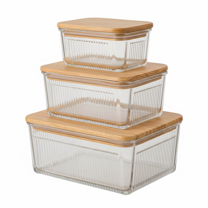 Robust 3-Piece Glass Container Set with Wooden Lid