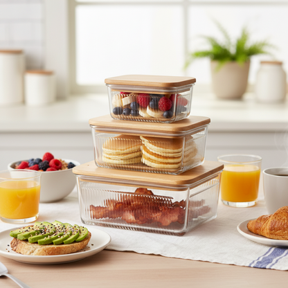 Robust 3-Piece Glass Container Set with Wooden Lid
